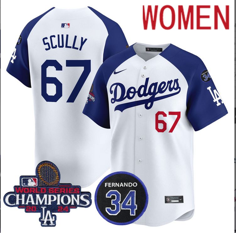 Women MLB Los Angeles Dodgers #67 Scully white 2024 World Series Champions Patch Limited Jersey style 4->women mlb jersey->Women Jersey